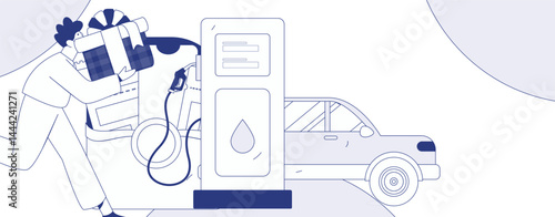 Vector Internet operation hand-drawn illustration of people getting discounts for refueling their cars
