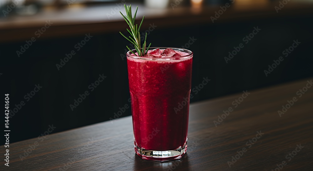 Refreshing Red Cocktail with Ice and Rosemary Garnishing on Counter