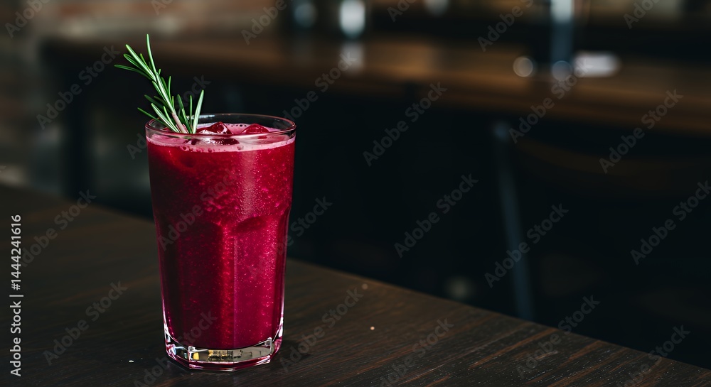 Refreshing Fruit Smoothie with Rosemary Garnishment on Wooden Counter