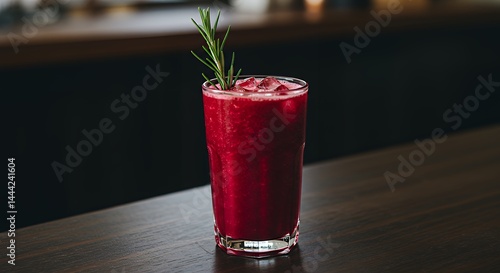 Obraz na płótnie Refreshing Red Cocktail with Ice and Rosemary Garnishing on Counter w salonie