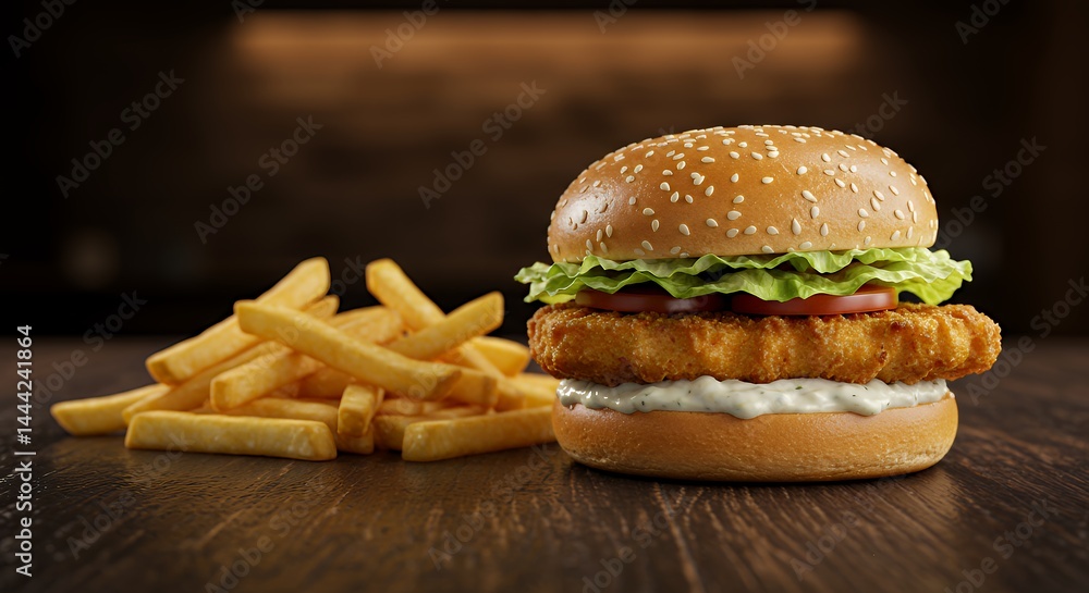 Serving Fish Burger with Fries on a Rustic Wooden Table