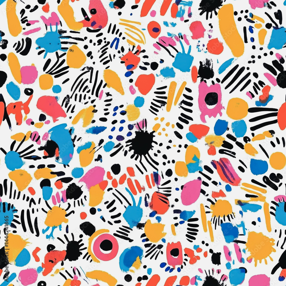 Abstract white background with colorful Memphis style seamless pattern. Creative minimalist style art background for children or trendy design with basic shapes. Simple childish scribble backdrop
