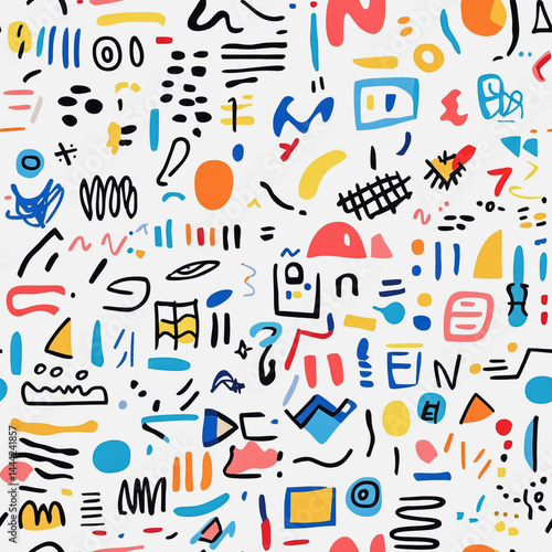 Abstract white background with colorful Memphis style seamless pattern. Creative minimalist style art background for children or trendy design with basic shapes. Simple childish scribble backdrop