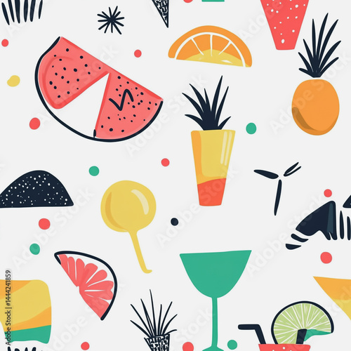 Obraz na płótnie Abstract white background with colorful Memphis style seamless pattern. Creative minimalist style art background for children or trendy design with basic shapes. Simple childish scribble backdrop w salonie