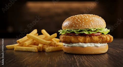 Obraz na płótnie Serving Fish Burger with Fries on a Rustic Wooden Table w salonie