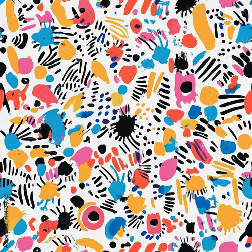 Abstract white background with colorful Memphis style seamless pattern. Creative minimalist style art background for children or trendy design with basic shapes. Simple childish scribble backdrop