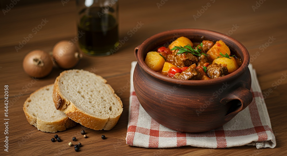 Serving Hearty Beef Stew with Potatoes and Bread in Rustic Setting