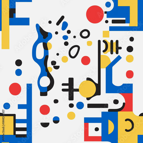 Obraz na płótnie Abstract white background with colorful Memphis style seamless pattern. Creative minimalist style art background for children or trendy design with basic shapes. Simple childish scribble backdrop w salonie