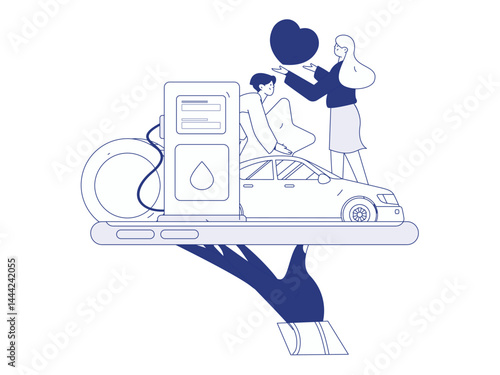 Vector Internet operation hand-drawn illustration of people getting discounts for refueling their cars
