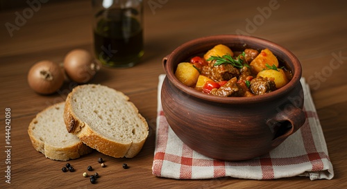 Obraz na płótnie Serving Hearty Beef Stew with Potatoes and Bread in Rustic Setting w salonie
