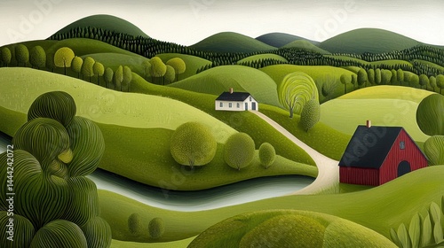 Serene Green Hillside Landscape with Farmhouse and Barn