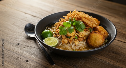 Serving Noodles with Fried Topping and Lime on a Wooden Table