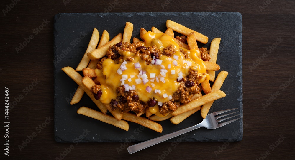 Serving of Chili Cheese Fries on Slate Plate with Fork