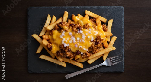 Obraz na płótnie Serving of Chili Cheese Fries on Slate Plate with Fork w salonie