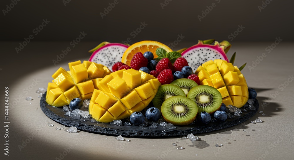 Arrangement of Fresh Cut Tropical Fruits on a Slate Plate