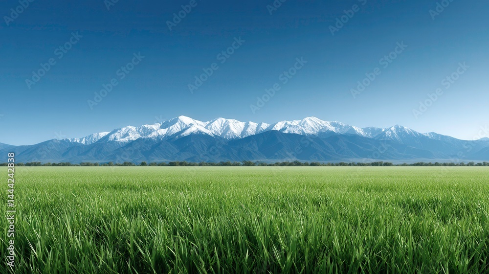 Scenic Mountain Landscape: Green Field, Snowy Peaks, Blue Sky Scenic Mountain Landscape: Green Field, Snowy Peaks, Blue Sky