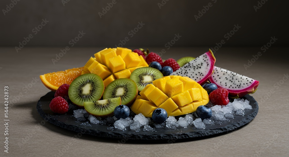 Assorted Fresh Fruit Platter with Ice on a Black Tray