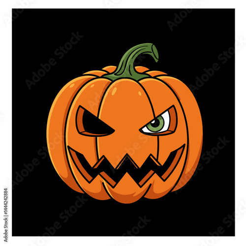 Halloween pumpkin with a mischievous expression against a black background  