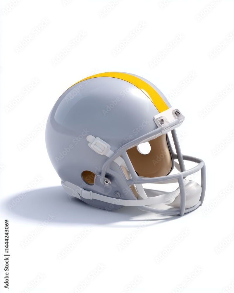 Fototapeta premium An isometric style illustration featu a sports football helmet rendered with a flat design and bright yellow stripe, showcased against a clean white backdrop.