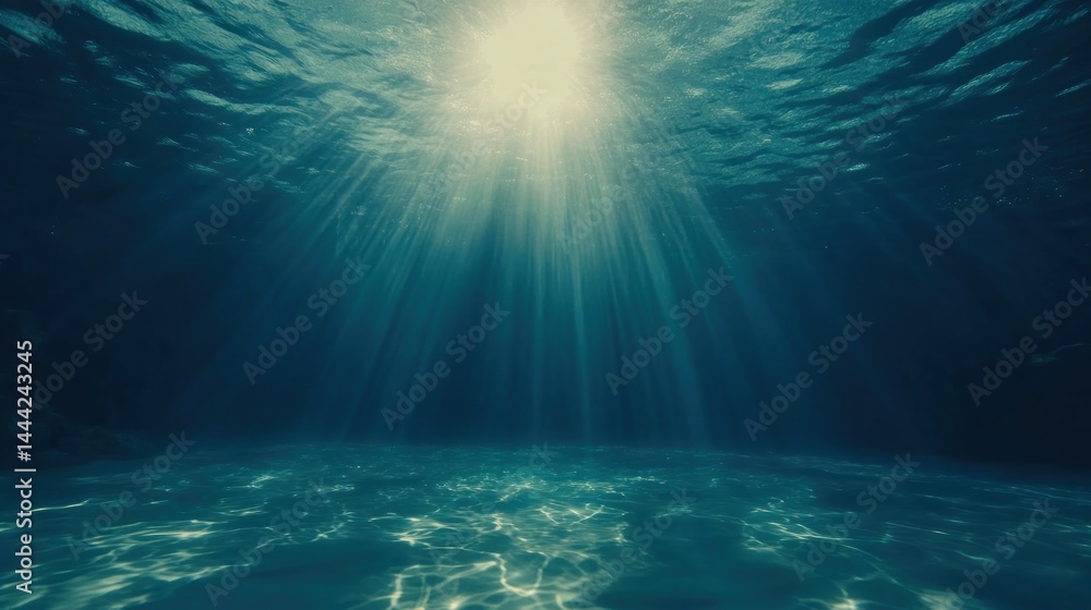 Underwater scene showcasing sunlight penetrating deep ocean depths. Underwater scene showcasing sunlight penetrating deep ocean depths.