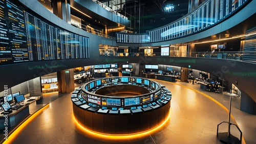 Modern Trading Floor with Monitors and Data Displays
