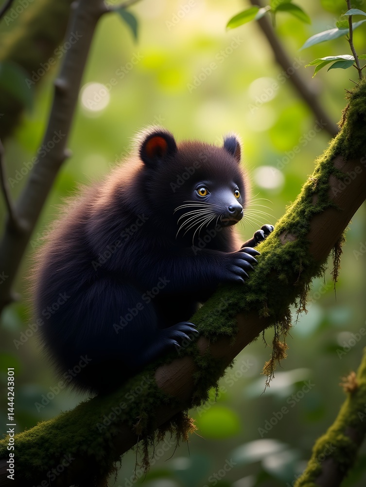 Obraz premium Binturong Arctictis binturong phylum Chordata class Mammalia order Carnivora family Viverridae resting a mossy branch in the rainforest canopy its thick fur glowing under sunlight