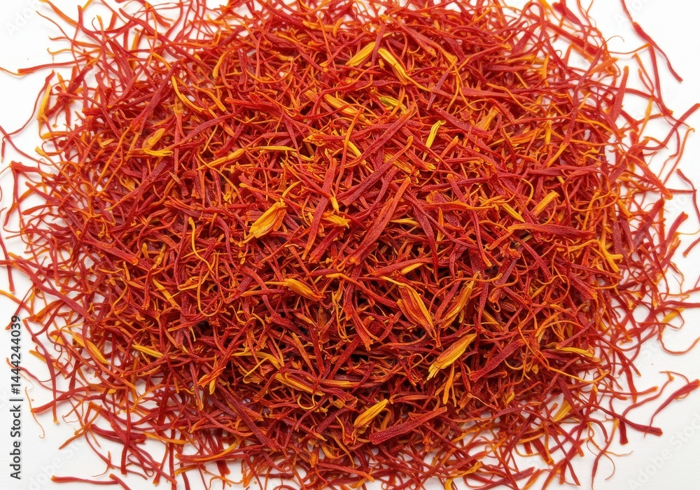 Naklejka premium A close up view of a pile of vibrant red saffron threads on a plain white background showing texture