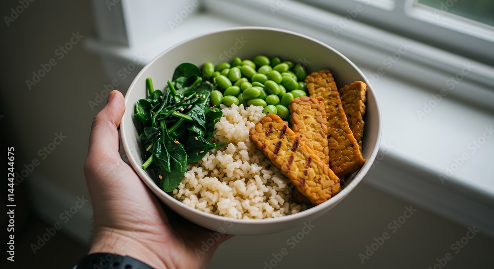 Holding Healthy Grain Bowl with Tempeh, Edamame, and Spinach Near Window