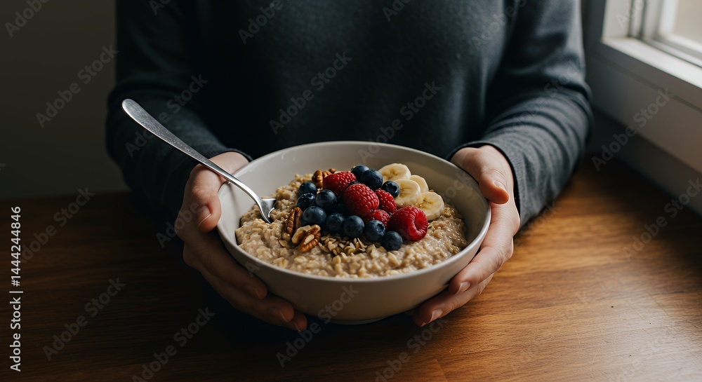Holding Oatmeal Bowl with Berries and Banana for a Healthy Breakfast