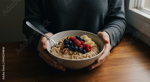 Obraz na płótnie Holding Oatmeal Bowl with Berries and Banana for a Healthy Breakfast w salonie