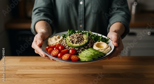 Obraz na płótnie Holding Plate of Healthy Quinoa Salad with Avocado and Hummus w salonie