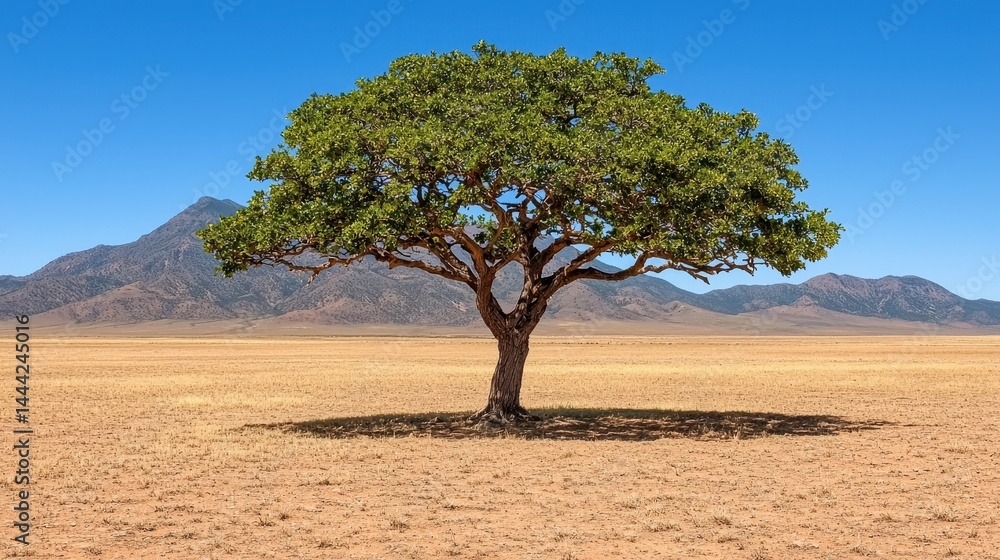 Fototapeta premium Lone Tree in Arid Desert Landscape Under Blue Sky