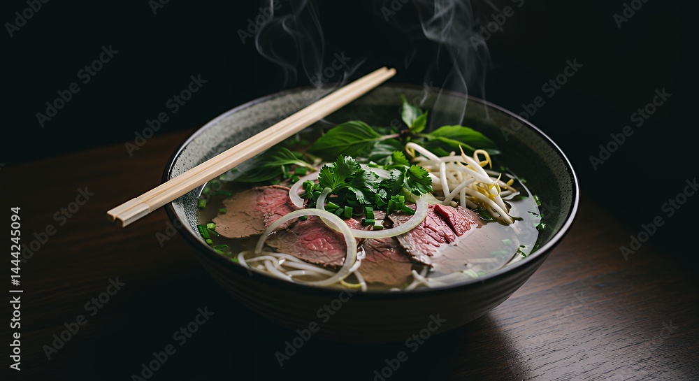 Hot Beef Noodle Soup with Herbs and Chopsticks Ready to Eat