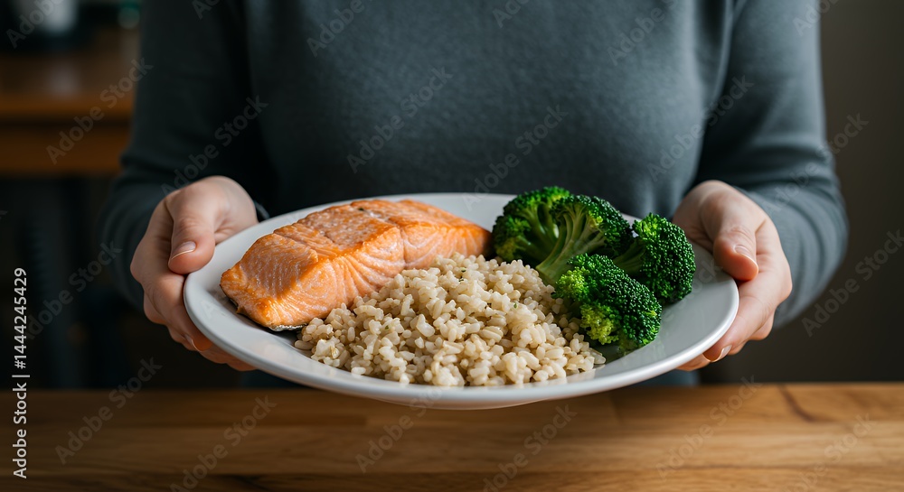 Person Holding Plate with Salmon, Grain, and Broccoli Food
