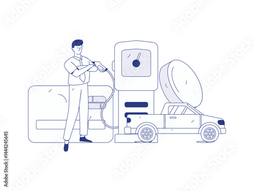 Vector Internet operation hand-drawn illustration of people getting discounts for refueling their cars
