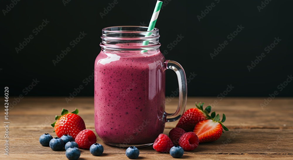 Refreshing Berry Smoothie in Jar with Straw and Fresh Fruits
