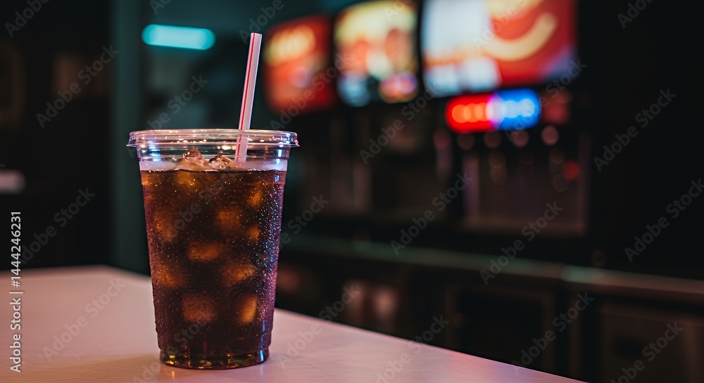 Refreshing Cola Drink with Ice and Straw in Plastic Cup