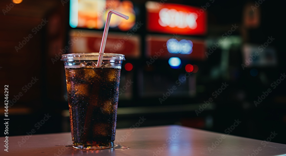 Refreshing Dark Soda with Straw in Plastic Cup on Tabletop