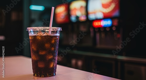 Obraz na płótnie Refreshing Cola Drink with Ice and Straw in Plastic Cup w salonie