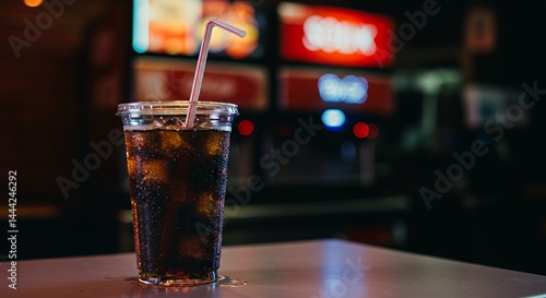 Obraz na płótnie Refreshing Dark Soda with Straw in Plastic Cup on Tabletop w salonie