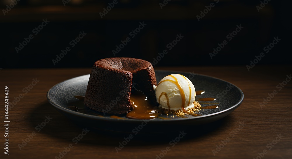 Serving Molten Chocolate Lava Cake with Vanilla Ice Cream Dessert
