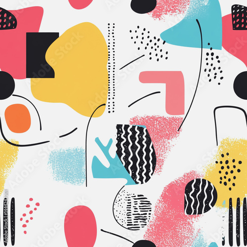 Abstract white background with colorful Memphis style seamless pattern. Creative minimalist style art background for children or trendy design with basic shapes. Simple childish scribble backdrop

