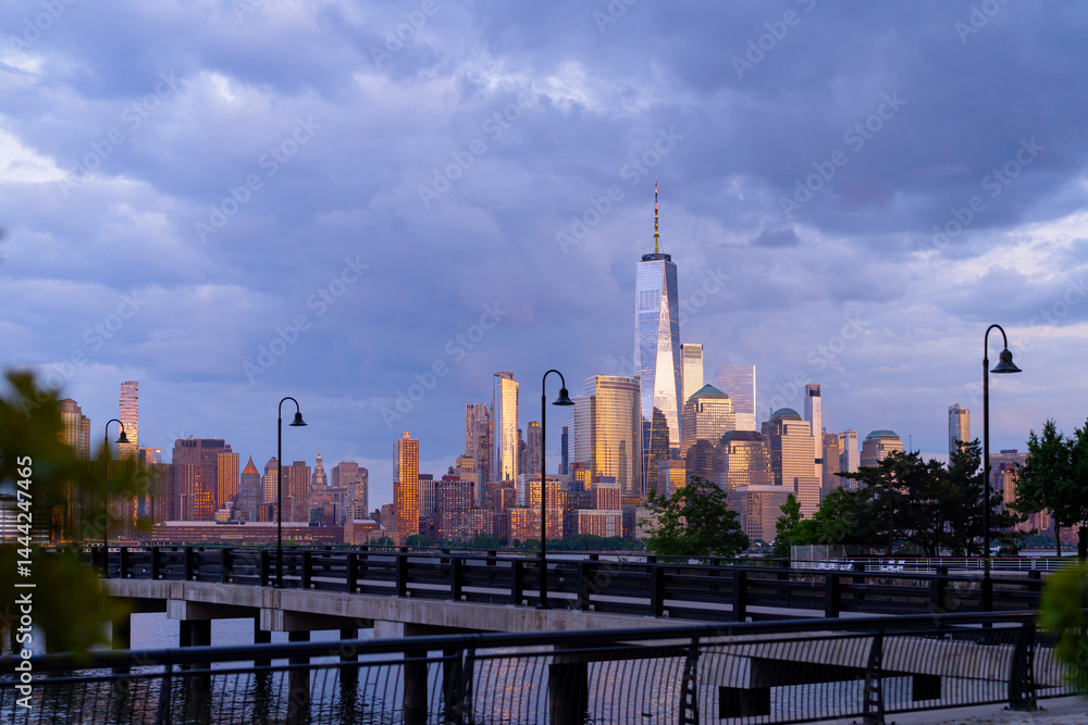 NYC, New York City Skyline with dramatic sky clouds. New York Skyscrapers. New York City skyline, cityscape of Manhattan in USA. Panoramic view on Manhattan. New York skyline.