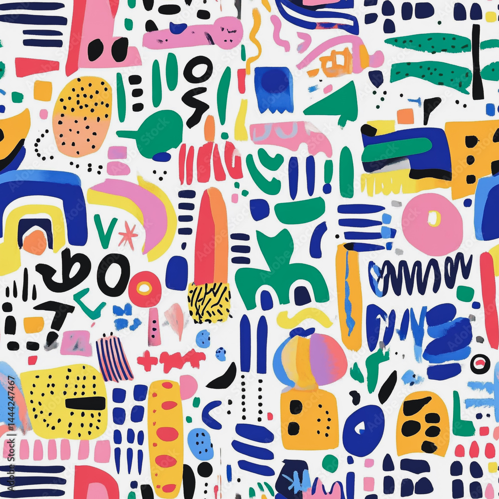 Abstract white background with colorful Memphis style seamless pattern. Creative minimalist style art background for children or trendy design with basic shapes. Simple childish scribble backdrop
