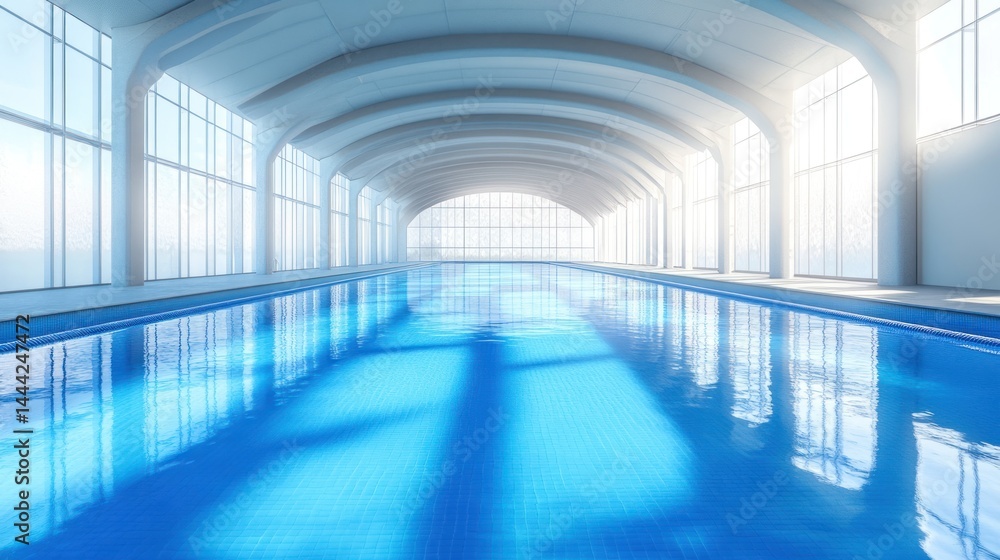 Fototapeta premium Spacious indoor pool area with large windows.