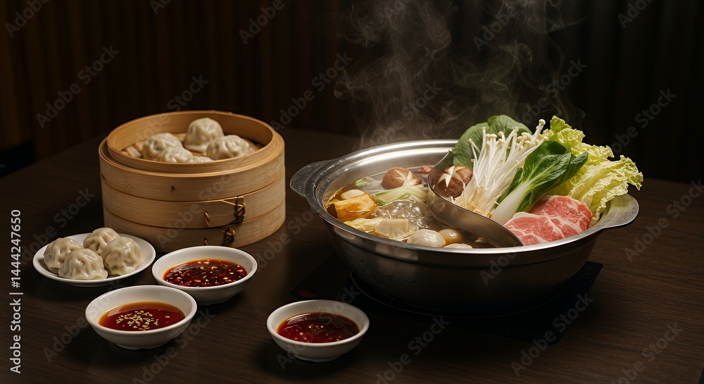 Steaming Hot Pot and Dumplings with Chili Sauce for Dinner