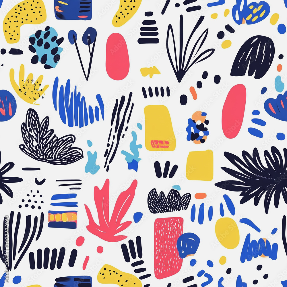 Abstract white background with colorful Memphis style seamless pattern. Creative minimalist style art background for children or trendy design with basic shapes. Simple childish scribble backdrop