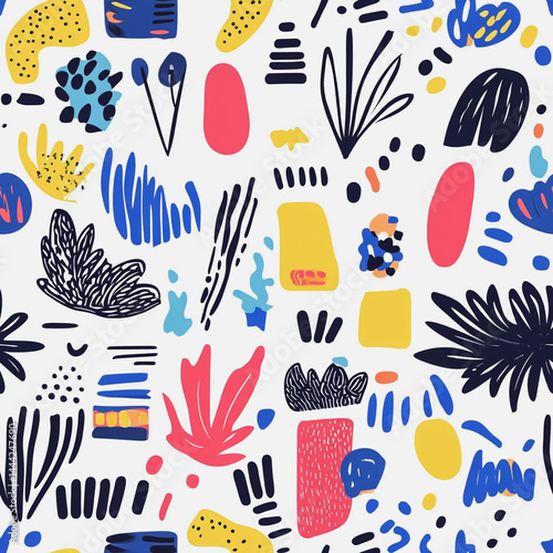 Obraz na płótnie Abstract white background with colorful Memphis style seamless pattern. Creative minimalist style art background for children or trendy design with basic shapes. Simple childish scribble backdrop
w salonie