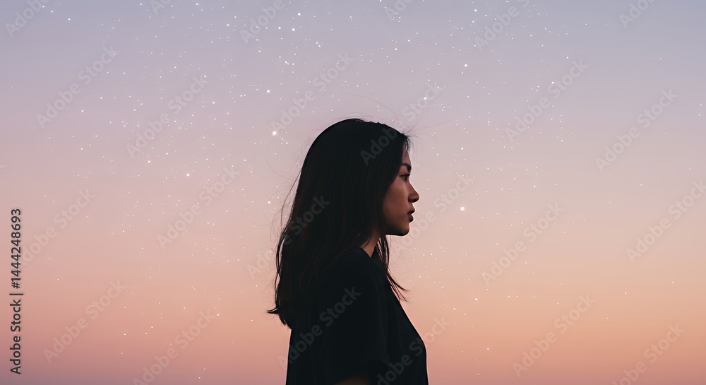 Woman Gazing at Starry Sky During Twilight Hour in Nature