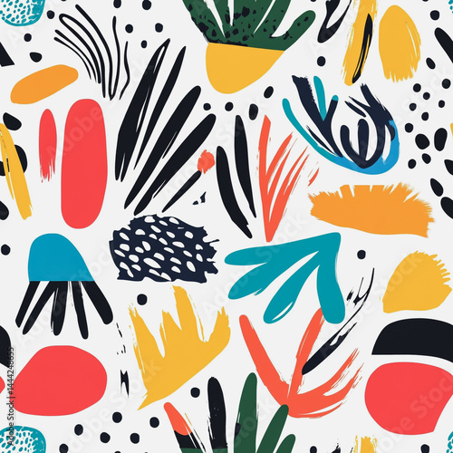 Obraz na płótnie Abstract white background with colorful Memphis style seamless pattern. Creative minimalist style art background for children or trendy design with basic shapes. Simple childish scribble backdrop
w salonie